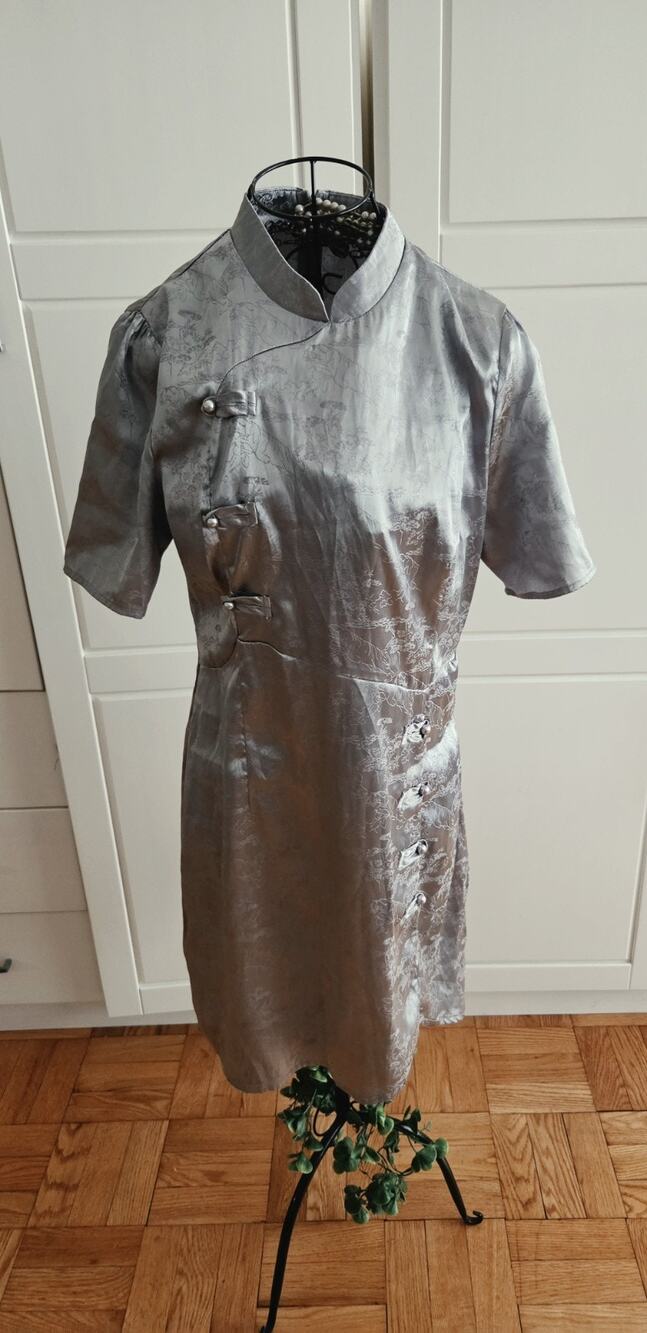 Silver Chinese Collar Short Sleeve Dress No Sz Fits Sz S-m